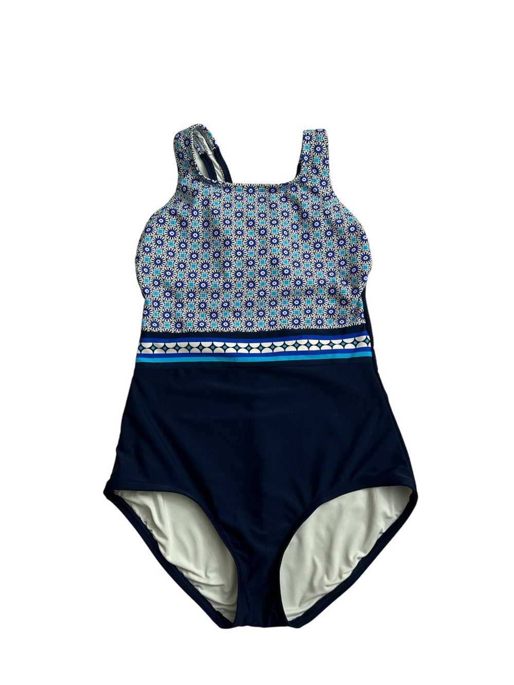 Lands' End Women One-Piece Swimsuit XS 2-4 Navy Blue Floral Print Tugless Sporty